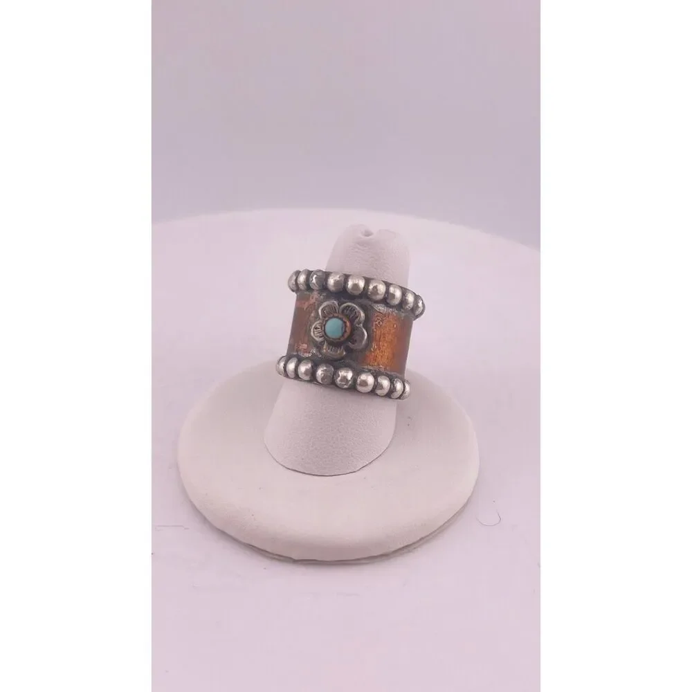 Mad Cow Co Copper Tack Ring Floral with Turquoise Cabochon, Size 7.5